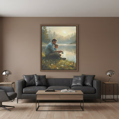 "First Catch" Father Son Fishing Art Print | Impressionist Lake Landscape | Dad & Boy Digital Download