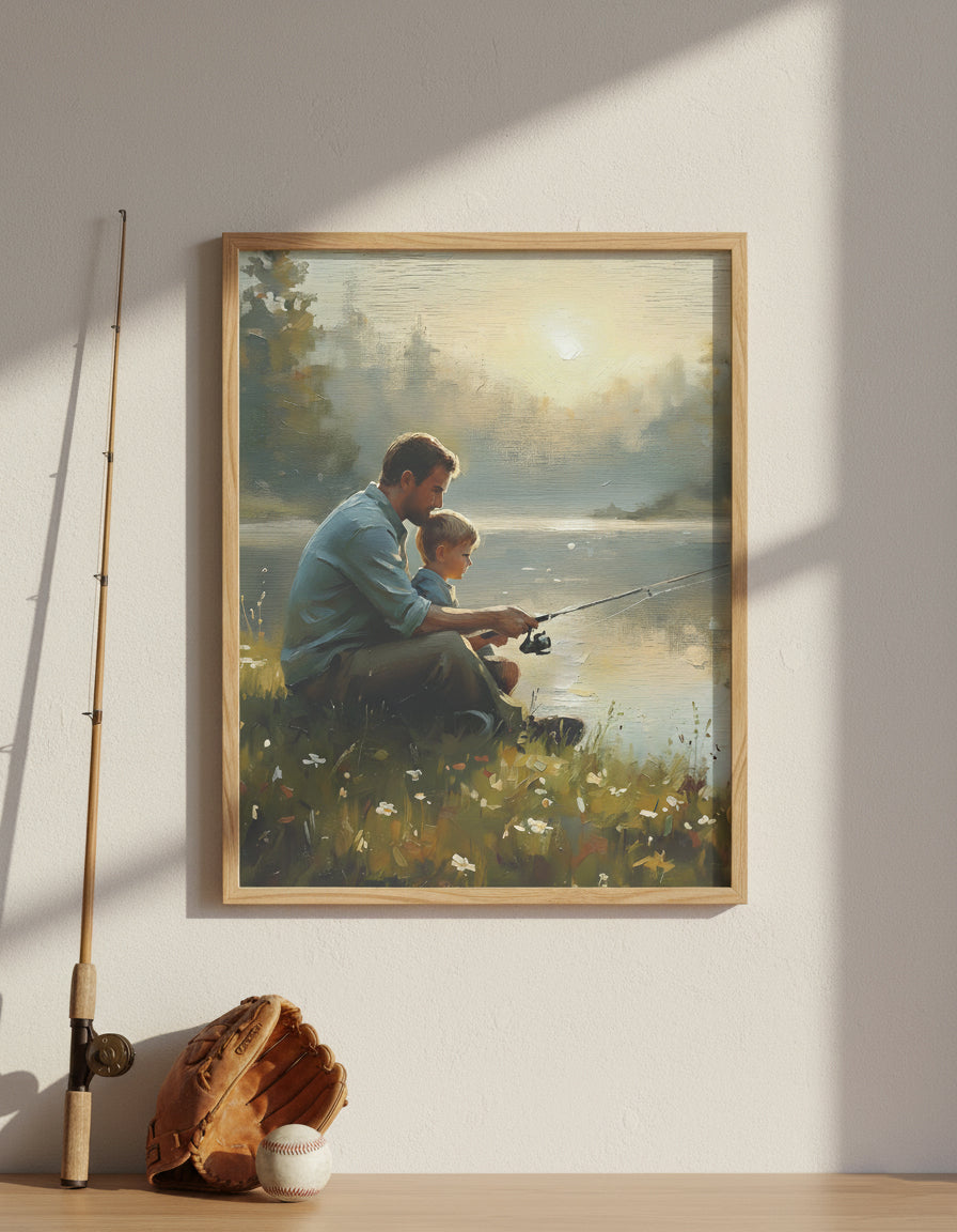 "First Catch" Father Son Fishing Art Print | Impressionist Lake Landscape | Dad & Boy Digital Download