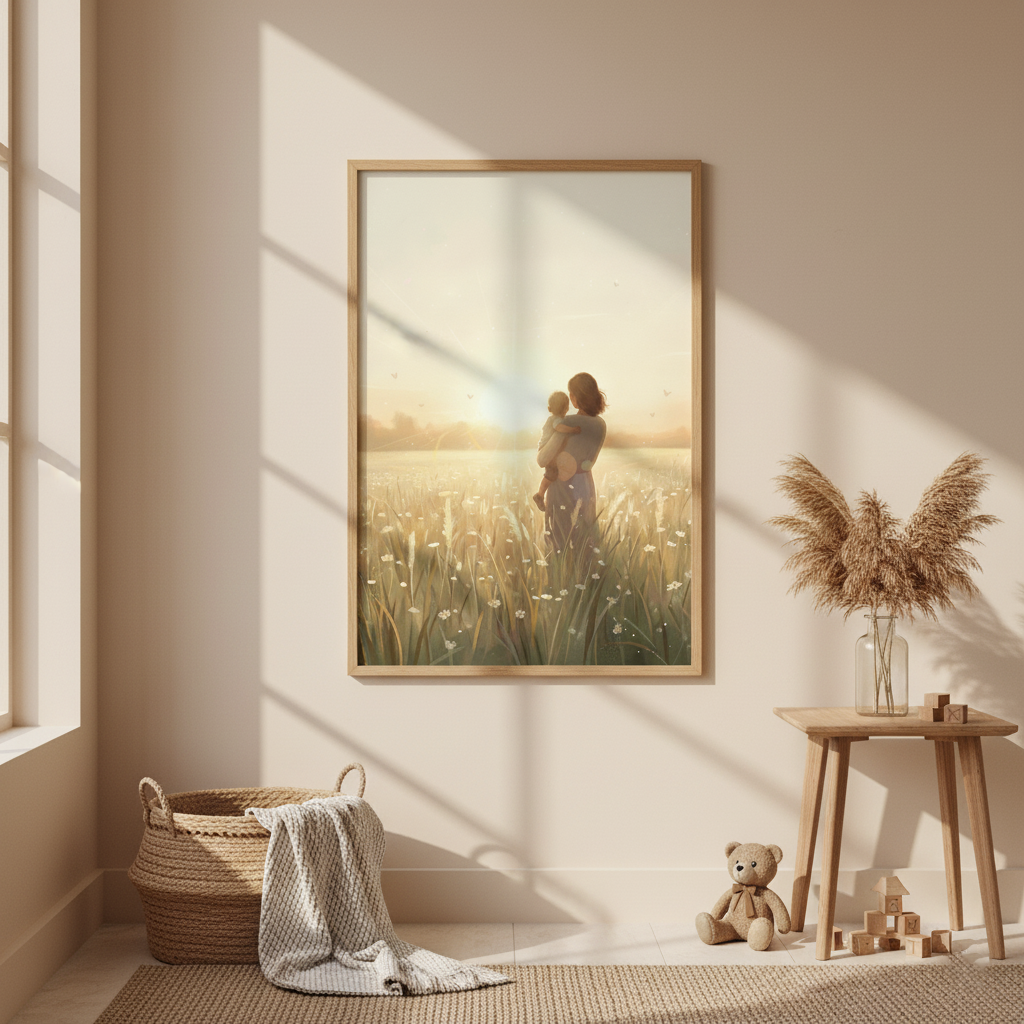 Emotional Mother and Son Sunset Print | Golden Hour Motherhood Wall Art | Digital Download for Nursery & Home Decor | Maam Doodle